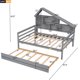Full Size Platform Bed, Twin Bed Frame with Trundle, Wooden Daybed with 5 Storage Shelves, House Design Bed for Kids, Maximum Space, No Spring Box Needed