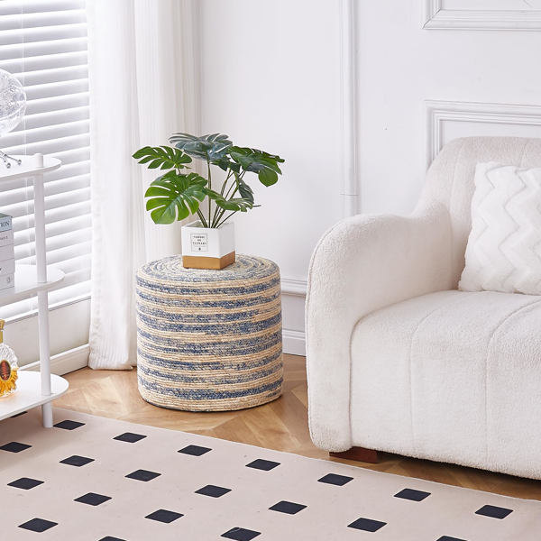 TRIPLE TREE Handcrafted Round Pouf Ottoman with Organic Texture,Natural Seagrass Pouf Footrest with 4 Anti Slip Rubber Pads,Accent Cushioned Seat with Solid Wood Frame,for Balcony,Vanity Room,Blue