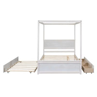 Full Size Canopy Bed with Trundle Bed and 2 Drawers, Wood Full Platform Bed with Headboard, Footboard and Slat Support, Modern 4 Poster Panel Bed, No Box Spring Needed, Brushed White