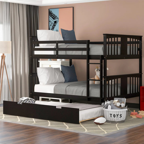 Full over Full Bunk Bed with Twin Size Trundle and Ladder, Solid Wood Bunk Bed Frame with Guardrails for Kids Teens Adults, No Box Spring Needed, Espresso 79.6''L x 56.5''W x 62.9''H