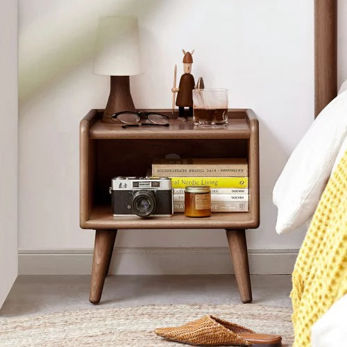 Modern Nightstand, Solid Wood Bedside Cabinet with Storage Drawers and Open Wood Shelf Storage, Beech Wooden Side Table with for Bedroom, Living Room, Dorm, Easy Assembly, Natural