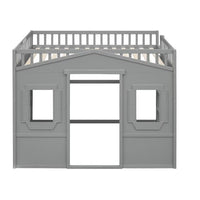 Full Size Loft Bed with Windows and Door, Solid Wood Loft Bed Frame with Ladder and Safety Guardrails House Loft Bed for Kids Boys Girls, No Box Spring Needed, Gray