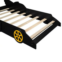 Twin Size Race Car-Shaped Platform Bed with Wheels, Wood Platform Bed with Wood Slats Support, Floor Bed for Kids Boys Girls, No Box Spring Required, Black+Yellow