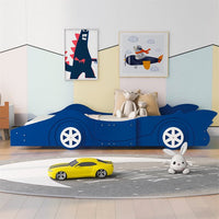 Race Car Bed, Solid Wood Floor Bed with Wheels and Safety Guardrails, Twin Size Platform Bed with Slats Support for Boys Girls Adults, No Spring Box Needed, Blue