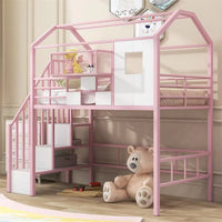 Full Size Loft Bed with Storage Stairs, Metal Loft Bed with A Storage Box and Safety Guardrail, House Bed with Roof Design for Kids Teens Adults Bedroom, No Box Spring Needed, Pink