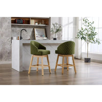 Swivel Bar Stools Set of 2, Linen Fabric Upholstered Counter Height Bar Chairs with Nailheads Trim and Footrest, Bar Chairs with Solid Wood Legs for Kitchen Island Dining Room Pub Cafe, Olive Green