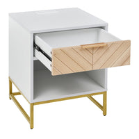 Nightstand with USB Charging Station,Modern Accent End Table with Natural Wood Finish Drawer,Sofa Side Table Storage Cabinet with Metal Legs and Handle,Bedside Table for Bedroom Living Room,White