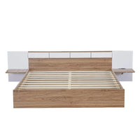 Queen Size Platform Bed with USB Ports,Sockets and Shelf, Wooden Bed Frame with Extended Headboard, Low Floor Bed with Slats Support, No Box Spring Needed,Natural