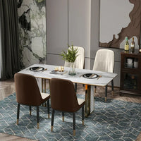 Modern Dining Chairs Set of 4, PU Leather Upholstered Dining Room Chairs with Backrest and Gold Metal Legs, Comfy Armless Side Chairs for Dining Room, Living Room,Restaurant,Kitchen,Brown+Beige