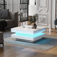 LED Coffee Table,High Gloss End Table with 16-Color LED Lights,2-Tier Square Coffee Table with A Remote Control,Minimalist Design Center Table for Living Room Office,31.5"x31.5"x14.2",White