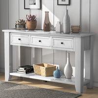 Vintage Console Table with 3 Drawers, Modern Console Table Sofa Table for Living Room with 1 Shelf and Wood Legs, for Living Room, Bedroom, 55'', Retro White
