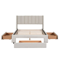 Full Size Platform Bed with Storage, Upholstered Linen Platform Bed Frame with 3 Drawers, Solid Wood Platform Bed with Sturdy Slats Support, Noise Free/No Box Spring Needed/Easy Assembly, Beige