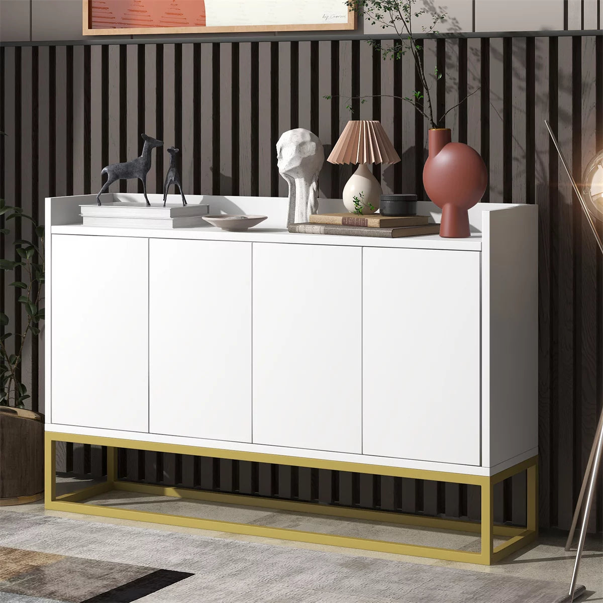 Sideboard with Large Storage Space, Elegant Buffet Cabinet Entryway Table with Door Rebound Device, Modern Console Table with Gold Metal Legs for Dining Room Entryway, White