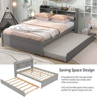 Full Bed with Trundle, Full Size Platform Bed with Bookcase Headboard and Pull Out Trundle Bed for Kids Teens Adults, Wooden Twin Bed Frame with Storage Shelves, Bed Frame for Living Room, Gray