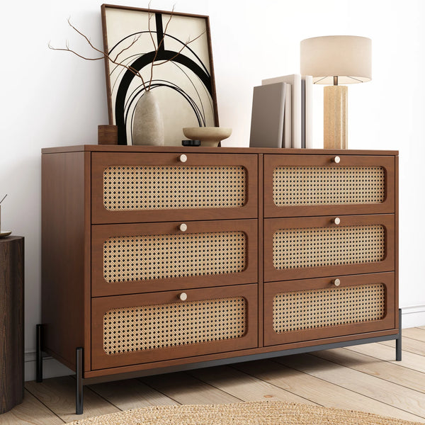 Modern Rattan Wood Closet 6-Drawer Dresser,Free Standing Buffet Storage and Sideboard Buffet Cabinet,Wood Storage Cabinet Sideboard for Bedroom,Living Room,Entryway,Hallway, Walnut