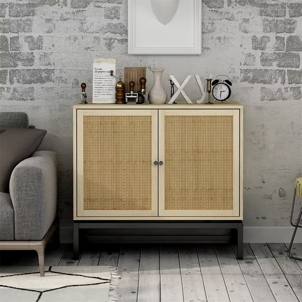31.5inch Storage Cabinet, Accent Cabinet with Rattan Decorated Doors and 1 Adjustable Inner Shelves, Sideboard Buffet Table for Living Room Hallway and Kitchen, Natural