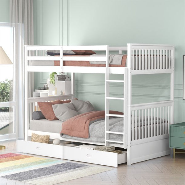 Solid Wood Twin Bunk Beds with Ladders and Two Storage Drawers, Twin over Twin Bunk Bed with Safety Guardrails for Kids, Teens, Adults, Wood Slats Support, Can be Separate into 2 Single Beds, White