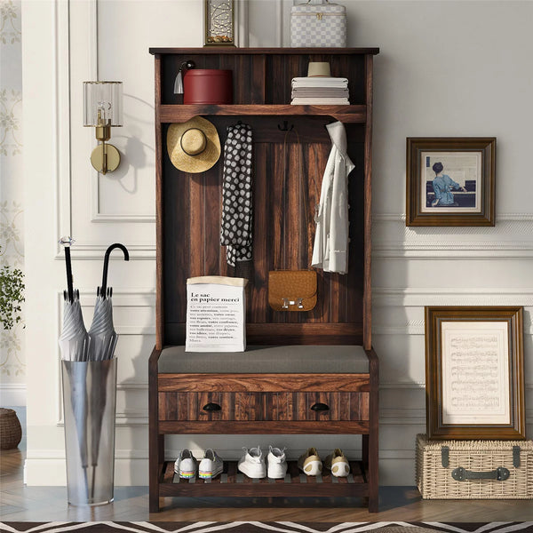 Hall Tree with 2 Drawers and 2 Shelves, 69" Hall Tree with 4 Hooks and Hinged Lid, Entryway Wooden Coat Rack Shoe Bench with Bottom Shelf for Living Room Entrance Hallway, Tiger