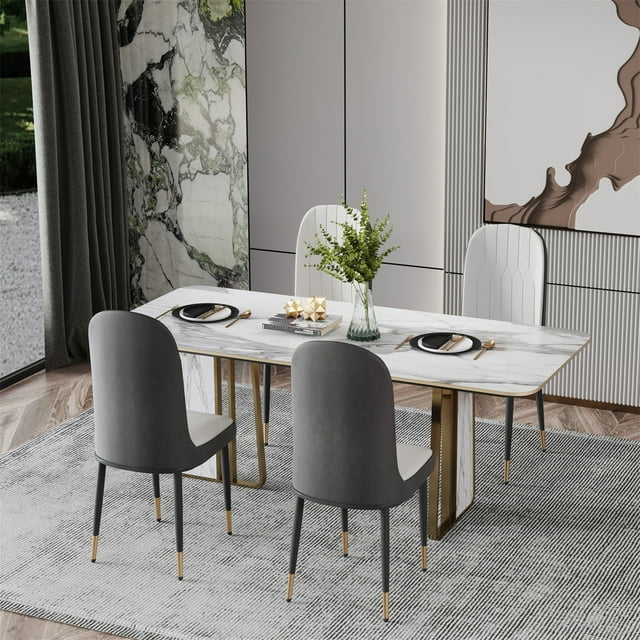 Dining Chair Set of 4, Modern PU Leather Kitchen Chairs with Iron Metal Gold Plated Legs, 4PCS Dining Chairs with High Back, Side Chair Diner Chair for Dining Room Bar Counter Living Room, White