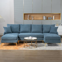 Modern 110'' W U-Shape Sectional Sofa, 4-Seat Sofa Couch with Chaise Lounge and Ottoman, Reversible Left or Right Chaise, Modular Sofa with Golden Metal Legs for Living Room Apartment Office, Blue