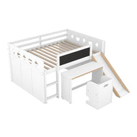 Full Size Loft Bed with Desk and Slide for Kids, Wooden Low Full Loft Bed Frame with Blackboard and Chair for Kids Boys Girls, Open Cabinets and Built-in Staircase Design, White