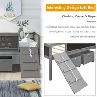 Low Loft Bed with Slide and Two Storage Boxes, Chalkboard, Wood Twin Size Loft Bed with Climbing Frame and Rope (Gray, Loft Bed)