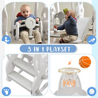 Toddler Slide and Swing Set 3 in 1, Kids Toddler Playground Climber Swing Playset with Safety Belt, 3 Height Adjustable and Basketball Hoops Freestanding Swing and Slide Set Indoor&Outdoor, Gray