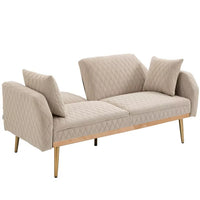 66"Accent Recline Sofa, Velvet Loveseat Sofa, Modern Futon Sofa Bed with 5 Golden Metal Legs, Sleeper Sofa Couch with Two Pillows, Convertible Loveseat for Living Room and Bedroom, Beige
