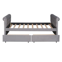 Twin Size Upholstered Daybed with 2 Storage Drawers, Sofa Bed Frame with Wood Slat Support and Comfortable Curved Armrests, No Box Spring Needed, Gray