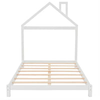 Full Size Platform Bed Wood Platform Bed with House-shaped Headboard Low Floor Bed Platform Bed with Solid Wood Slats, Montessori Bed for Boys Girls, No Box Spring Needed, White