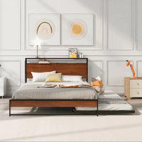 Queen Size Platform Bed with Trundle and USB Ports,Metal Bed Frame with Storage Headboard and Slat Support for Bedroom,Black