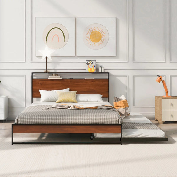 Queen Size Platform Bed with Trundle and USB Ports,Metal Bed Frame with Storage Headboard and Slat Support for Bedroom,Black