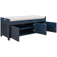 43.5''Storage Bench, Shoe Bench with 3 Shutter-shaped Doors, Rustic Entryway Bench with Removable Cushion and Hidden Storage Space, Antique Navy