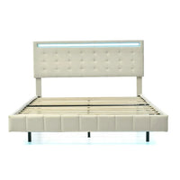 Queen Bed Frame with Led Lights,Upholstered Platform Bed Frame with USB Charging and Headboard, PU Floating Bed Frame for Living Room, Strong Wood Slat Support,No Box Spring Needed,Beige