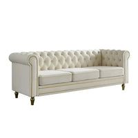 Modern Velvet Sofa, Button Tufted Chesterfield Sofa with Scroll Arms and Gold Metal Legs, 3-Seater Sofa Couch Upholstered Sofa for Living Room Bedroom Office Apartment, 84.65"×31.50"×30.31", Beige
