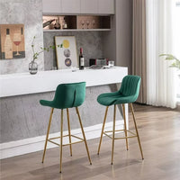 Bar Stools Set of 2, 30inch Velvet Barstool with Golden Metal Footrest, Modern Upholstered Dining Chairs for Home Bar Counter Kitchen, Green