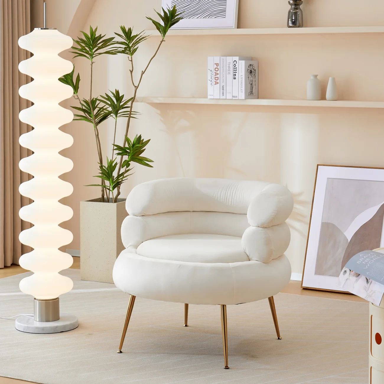 Accent Chair with Ottoman, Velvet Upholstered Barrel Chair and Ottoman Set for Loving Room, Modern Comfy Armchair and Footrest with Metal Legs for Living Room, Bedroom, Reading Room, White