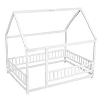 Full Size Floor House Bed with Roof, Kids Floor Bed with Full Length Fence, Playhouse Montessori Bed, Wooden Platform Bed Frame for Kids Teens Girls Boys, Box Spring Needed, White
