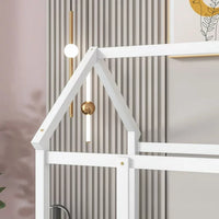 Twin Floor Bed for Kids, Wooden House Bed Frame with Roof, Fence Guardrails, Montessori Bed for Toddlers Girls Boys, White
