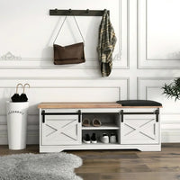 Storage Bench Shoe Storage Bench with Adjustable Shelves & Padded Cushion Farmhouse Entryway Bench with Sliding X Barn Door Shoe Storage Shoe Bench for Entryway, White