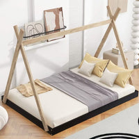 Full Size Tent Floor Bed with Triangle Structure, Wood Montessori Bed House Bed, Wood Platform Bed Frame with Roof, Teepee Bed, Playhouse Design, No Box Spring Needed, Natural