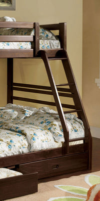 Triple Tree Modern Transitional Bunk Bed Twin Over Full With Attached Ladder And Two Large Drawers For storage Made Of Solid Wood Dark Walnut