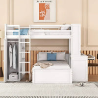 Full Size Loft Bed, Wood Loft Bed with Desk and Stand-Alone Bed, Bunk Bed with Storage Shelves and Wardrobe, Loft Bed Frame for Teens Boys & Girls, White