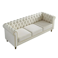 Modern Velvet Sofa, Button Tufted Chesterfield Sofa with Scroll Arms and Gold Metal Legs, 3-Seater Sofa Couch Upholstered Sofa for Living Room Bedroom Office Apartment, 84.65"×31.50"×30.31", Beige