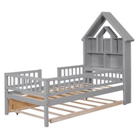 Twin Bed Frame with Fence Railings and Trundle, Wood Twin Size Platform with House Shaped Storage Headboard for Boys Girls, Montessori Safety Guardrails Design, No Box Spring Needed, Gray