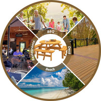 8 Person Wood Picnic Table, Outdoor Round Picnic Table with 4 Built-in Benches, Umbrella Hole, Outside Table and Bench Set for Garden, Backyard, Porch, Patio, 2220lbs Capacity Per Bench- Natural