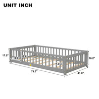 Twin Size Floor Bed for Toddlers and Kids, Solid Wood Montessori Floor Bed with Safety Fence Rail and Small Door, Durable Montessori Bed Frame with Sturdy Slats Support for Boys and Girls, Gray