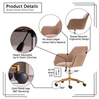 Modern Swivel Home Office Chair, Cute Mid-Back Velvet Upholstered Computer Desk Chair Armchair with Gold Metal Legs and Universal Wheels, Adjustable Height 360 Swivel Vanity Task Chair, Light Coffee