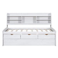 Twin Bed Frames, Bed Frame with Trundle and Built-in Bookshelves, Wooden Captain Bed Twin Size Bed Frames, Storage Bed with Three Storage Drawers for Adults Boys and Girls, White Wash