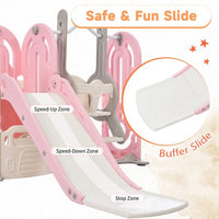 Slide and Swing Set 5 in 1, Kids Playground Climber Slide Playset with with Basketball Hoop, Extra Long Slide, Easy Set Up Baby Playset for Indoor Outdoor Backyard, Pink